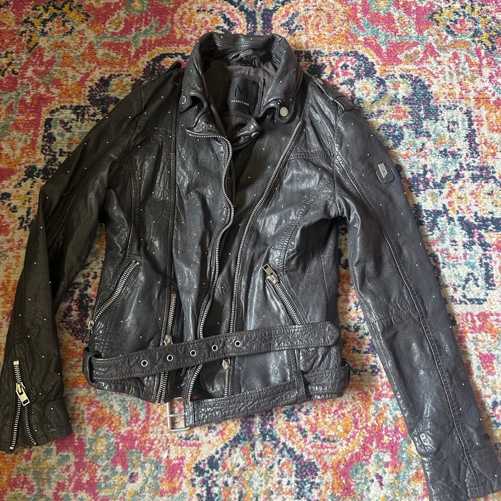 Mauritius Studded Black Leather Jacket with belt